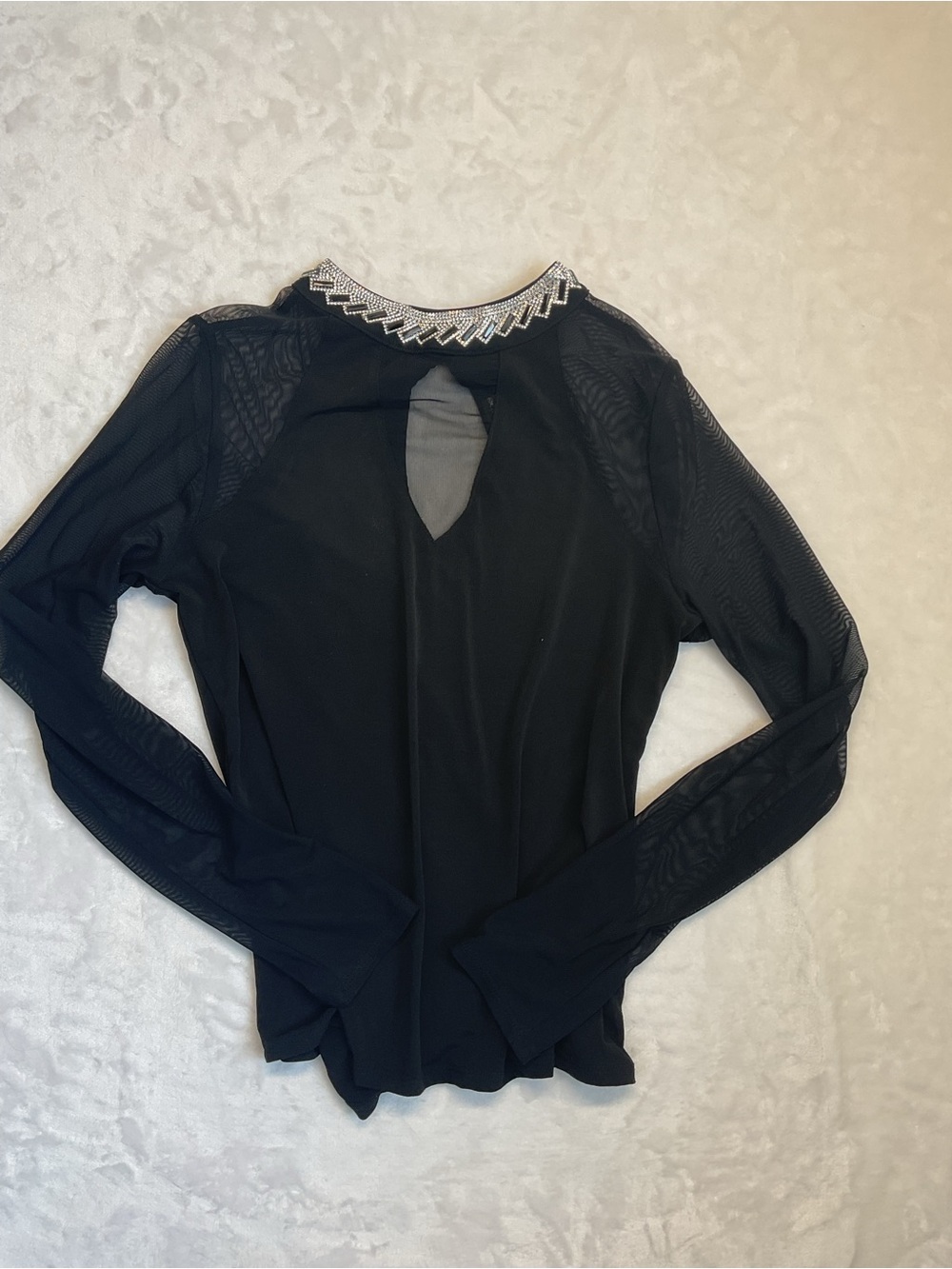 Moa Moa Black Long-Sleeve Mesh Top with Embellished Collar
